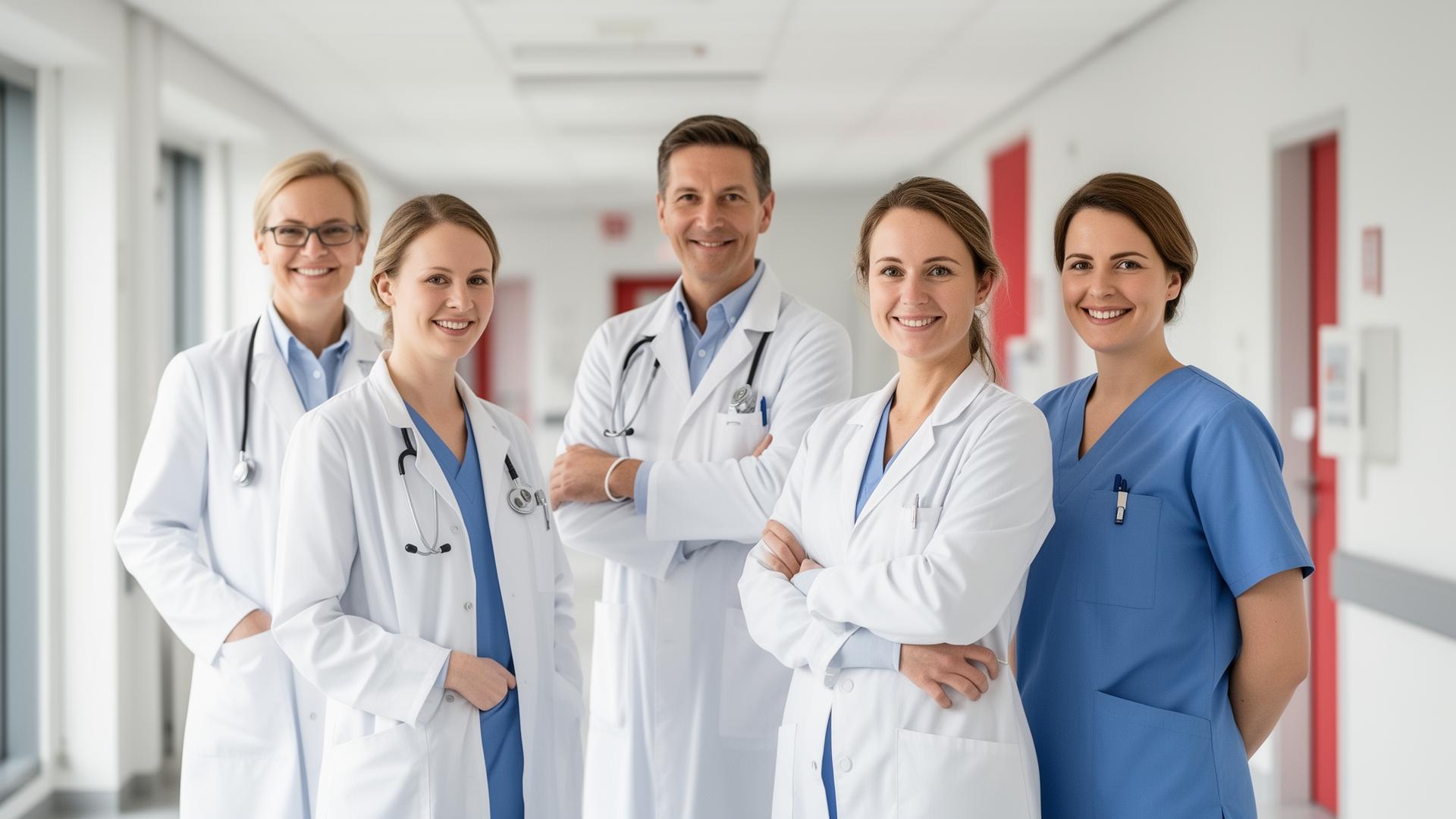 Internationales medizinisches Team in einer modernen deutschen Klinik